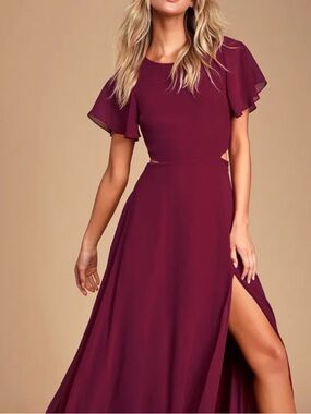 Lulus Garden Bliss Burgundy Flutter Sleeve Maxi Dress Size Small